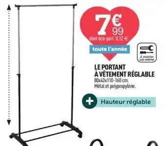 Centrakor LE PORTANT À VÊTEMENT RÉGLABLE 80x43x110-160 cm. Métal et polypropylène. offre