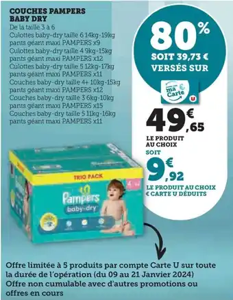 Hyper U COUCHES PAMPERS BABY DRY offre