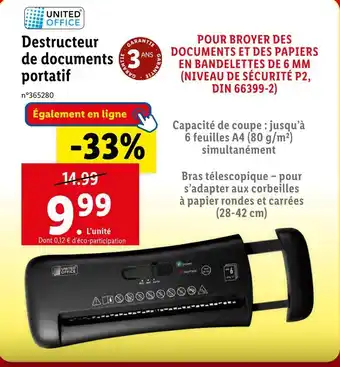 Lidl United office destructeur de documents portatif offre