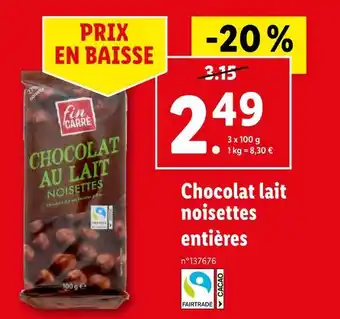 Lidl Fin carré chocolat lait noisettes entières offre