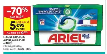 Leader Price LESSIVE CAPSULES ALPINE ARIEL PODS 3EN1 offre