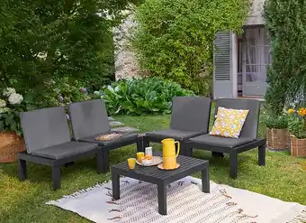 Salon bas anthracite avec 8 coussins