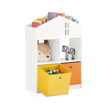 Sobuy kmb49-w meuble de rangement pour livres et jouets pour enfant, bibliothèque en bois, 2 paniers, 65x27x91 cm