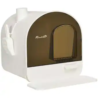 Bricomarché Maison de toilette bac à litière pour chat avec porte battante, pelle et filtre inclus dim. 43l x 44l x 47h cm pp blanc marro offre