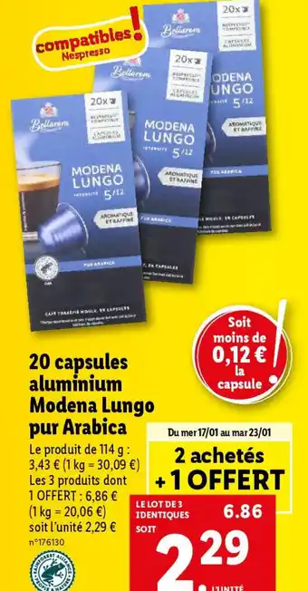20 capsules aluminium Modena Lungo pur Arabica