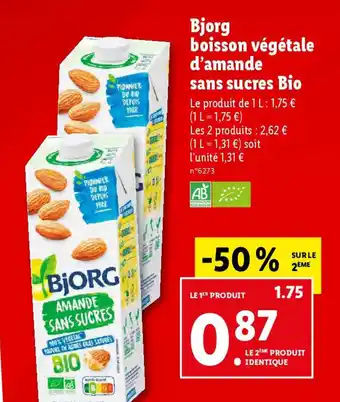 Lidl Bjorg boisson végétale d'amande sans sucres Bio offre