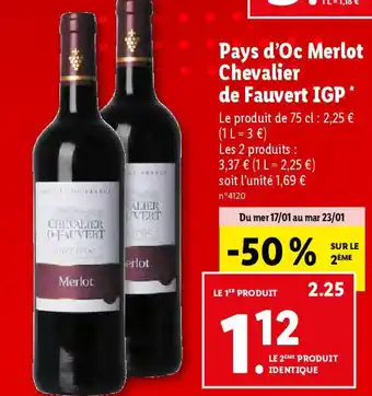 Lidl Pays d'Oc Merlot Chevalier de Fauvert IGP* offre