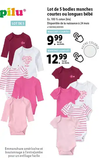 Lidl Lot de 5 bodies manches courtes ou longues bébé offre