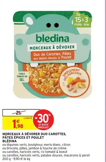 Intermarché MORCEAUX À DÉVORER DUO CAROTTES, PÂTES ÉPICES ET POULET BLÉDINA offre