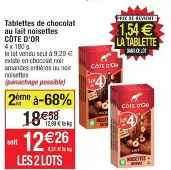Cora x Carrefour Tablettes de chocolat au lait noisettes CÔTE D'OR 4 x 180 g offre