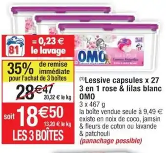 Cora x Carrefour (¹)Lessive capsules x 27 3 en 1 rose & lilas blanc OMO offre