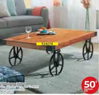 Table basse Saloon Dim. 110x36x71 cm, MDF métal, 4 roulettes avec frein