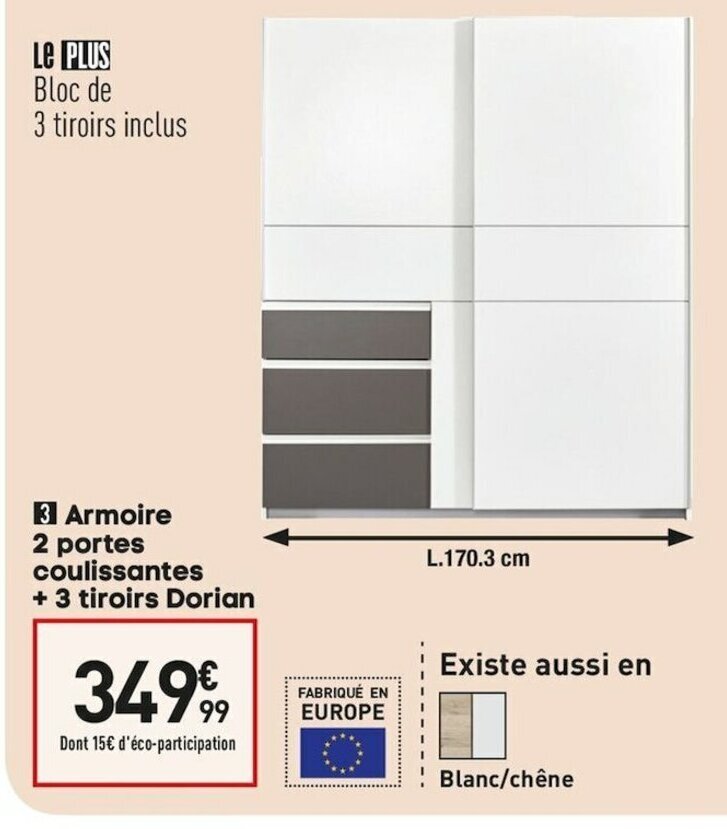 Promo Armoire 2 portes coulissantes + 3 tiroirs dorian chez Conforama