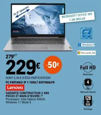 E.Leclerc PC PORTABLE IP 1 15IGL7 82V700ALFR offre