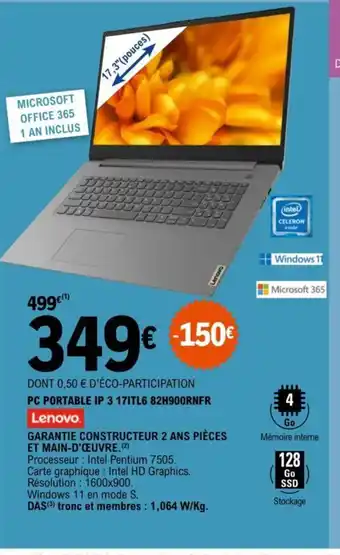 E.Leclerc PC PORTABLE IP 3 171TL6 82H900RNFR offre