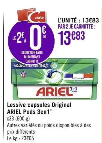 Casino Supermarchés Ariel lessive capsules original pods 3en1 offre