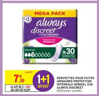 Intermarché Always discreet serviettes pour fuites urinaires protection intégrale normal x30 offre