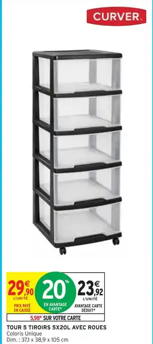 Intermarché Curver tour 5 tiroirs 5x20l avec roues offre