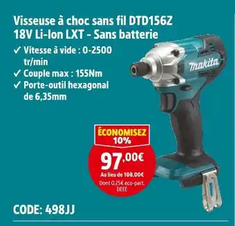Screwfix Makita visseuse à choc sans fil dtd156z 18v li-ion lxt - sans batterie offre