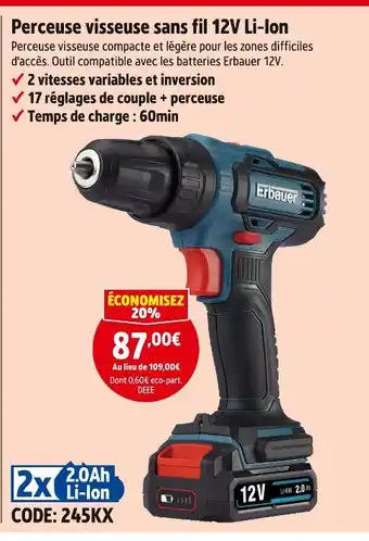 Screwfix Erbauer perceuse visseuse sans fil 12v li-ion offre