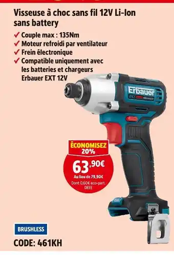 Screwfix Erbauer visseuse à choc sans fil 12v li-ion sans battery offre