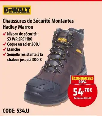 Screwfix Dewalt chaussures de sécurité montantes hadley marron offre