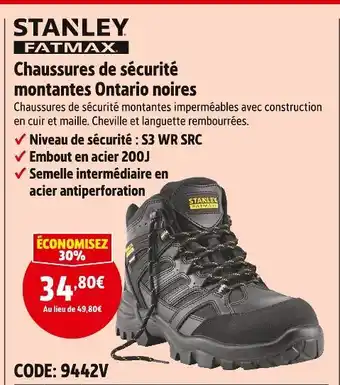 Screwfix Stanley chaussures de sécurité montantes ontario noires offre
