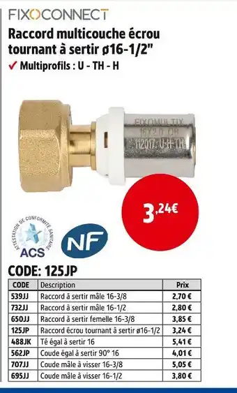 Screwfix Fixoconnect raccord multicouche écrou tournant à sertir ø16-1/2 offre