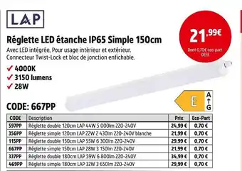 Screwfix Lap réglette led étanche ip65 simple 150cm offre