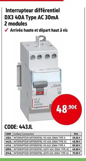 Screwfix Legrand interrupteur différentiel dx3 40a type ac 30ma 2 modules offre