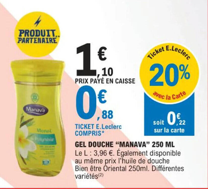 Promo GEL DOUCHE "MANAVA chez E.Leclerc