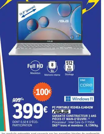 E.Leclerc PC PORTABLE R524EA-EJ4042W ASUS offre