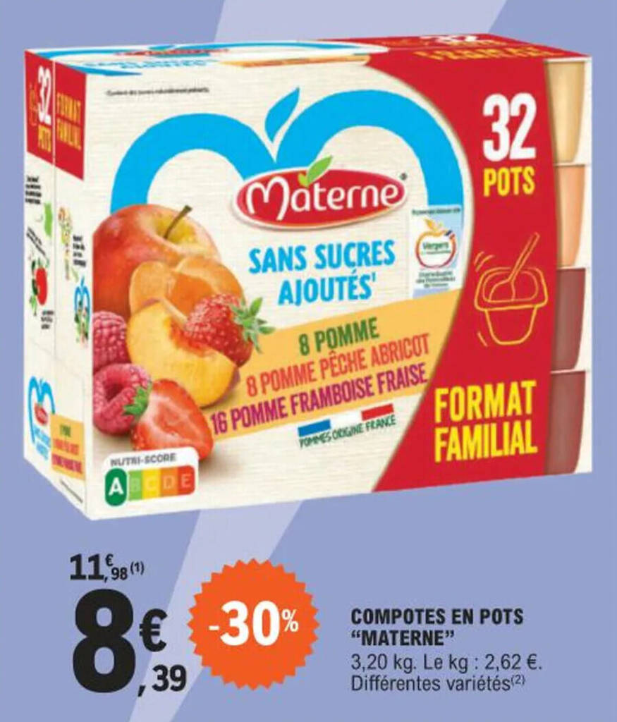 Promo COMPOTES EN POTS "MATERNE" chez E.Leclerc