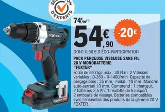 E.Leclerc Brico PACK PERÇEUSE VISSEUSE SANS FIL 20 V MONOBATTERIE "FOXTER" offre