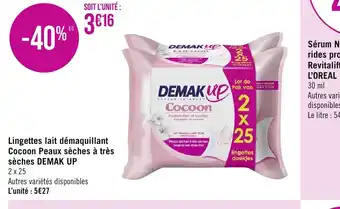 Géant Casino Lingettes lait démaquillant Cocoon Peaux sèches à très sèches DEMAK UP offre