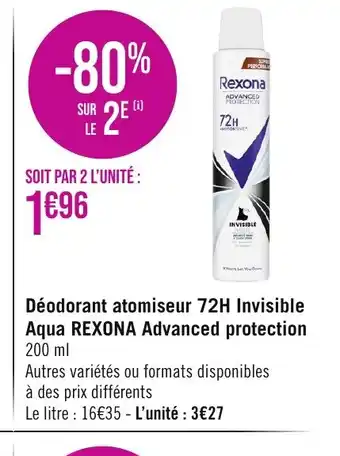 Déodorant atomiseur 72H Invisible Aqua REXONA Advanced protection
