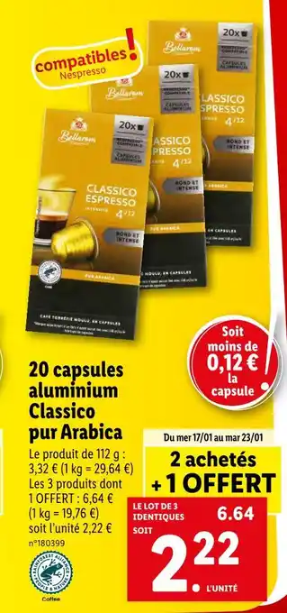 Lidl Bellarom 20 capsules aluminium classico pur arabica offre