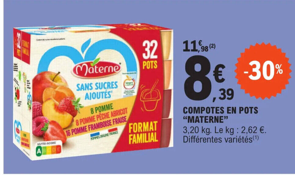 Promo COMPOTES EN POTS MATERNE chez E.Leclerc Express
