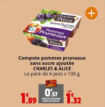 Coccinelle Express Compote pommes pruneaux sans sucre ajoutée CHARLES & ALICE Le pack de 4 pots x 100 g offre