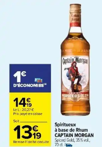 Carrefour Market Spiritueux à base de Rhum CAPTAIN MORGAN Spiced Gold, 35% vol., 70 cl. offre