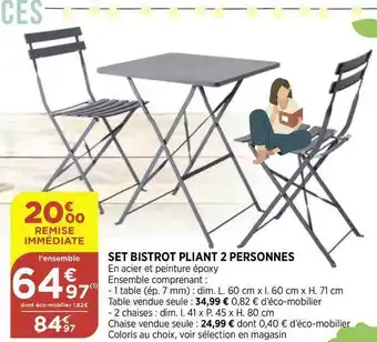 Bi1 Set Bistrot Pliant 2 Personnes offre