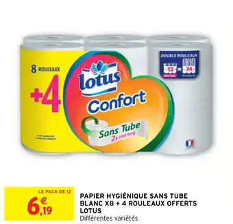 Intermarché PAPIER HYGIÉNIQUE SANS TUBE BLANC X8 + 4 ROULEAUX OFFERTS LOTUS offre