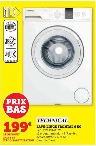 Hyper U LAVE-LINGE FRONTAL 6 KG Réf: TML1044TOW offre