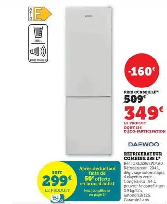 Hyper U REFRIGERATEUR COMBINE 288 L* Réf : CKL0286EWMA0 offre