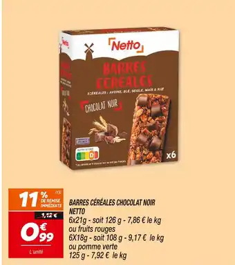 Netto Netto barres céréales chocolat noir offre