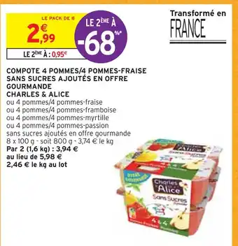 Intermarché Charles & alice compote 4 pommes/4 pommes-fraise sans sucres ajoutés en offre gourmande offre