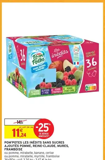 Intermarché Pom'potes pom'potes les inédits sans sucres ajoutés pomme, reine-claude, mures, framboise offre