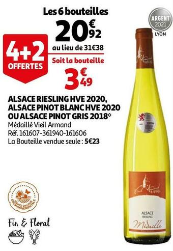 Auchan Alsace riesling hve 2020, alsace pinot blanc hve 2020 ou alsace pinot gris 2018 offre