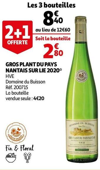 Auchan Domaine du buisson gros plant du pays nantais sur lie 2020 offre