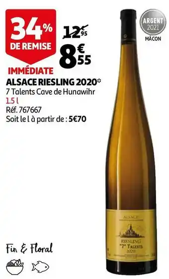 Auchan 7 talents cave de hunawihr alsace riesling 2020 offre